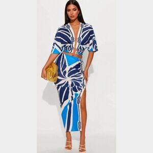 Fashion Nova Blue and White Geometric Two-Piece Set
